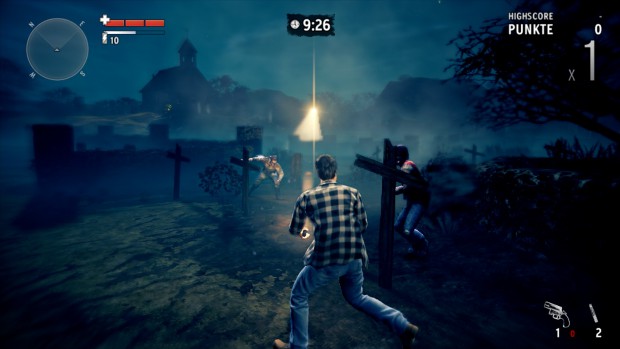 Alan Wake tr&auml;gt ein Gefecht im Arcade-Modus aus.